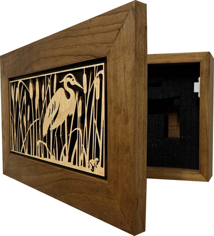 Decorative Gun Safe Heron in Cattails Wall-Mounted Gun Cabinet To Securely Store Your Gun In Plain Sight