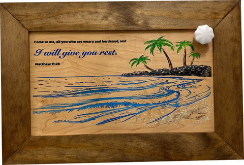 Bible Verse Decorative & Secure Wall-Mounted Gun Cabinet - Matthew 11:28 and Coastal Scene